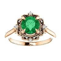 Vintage Inspired Emerald Round Engagement Ring 14k Rose Gold, 2 CT Victorian Natural Emerald Ring, Antique Green Emerald Diamond Ring, Anniversary Propose Gift