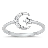 Adjustable Moon Star Clear CZ Fashion Ring .925 Sterling Silver Band Sizes 4-10