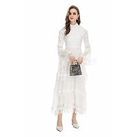 Unique Women Evening Gown Dress Black/White Lace Tassel Long Sleeve Winter Dress
