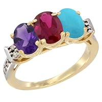 14K Yellow Gold Natural Amethyst, Enhanced Ruby & Natural Turquoise Ring 3-Stone 7x5 mm Oval Diamond Accent, Sizes 5-10