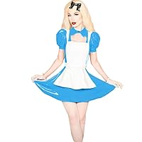 Women French Sissy Maid Dress Short Puff Sleeve Mini Dresses Lolita PVC Leather A-Line Skirt Sexy Party Clubwear with Apron