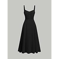 Dresses for Women Women's Dress Button Front Ruched Detail Cami Dress Dresses (Color : Black, Size : Large)