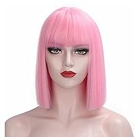 Short Bob Wig with Bangs, Straight Bob Wig for Women, Natural Looking Heat Resistant Wigs for ladys Daily Cosplay Party New Hairstyle BOB wig for Girls (pink)