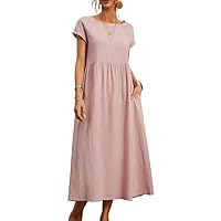 Womens Dresses for Women 2024 Casual Cotton Linen Summer Midi Dresses for Women Spring Shift Dresses with Pocket