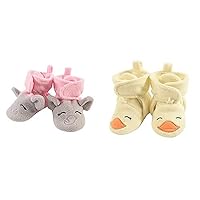 Hudson Baby Girl Cozy Fleece Booties 2-Pack, Pink Gray Elephant Yellow Duck, 18-24 Months