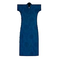Silk Fragrant Cloud Yarn Cheongsam Jacquard Connect Shoulder Sleeve Evening Dress Blue Qipao 108