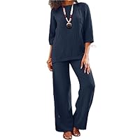 Linen Set for Women Dressy Casual Two Piece Outfits Long Sleeve Pullover Shirts Wide Leg Palazzo Pants Plus Size