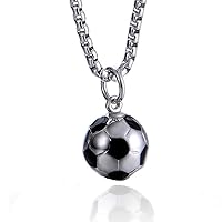 Mens Sport Football Pendant Stainless Steel Enamel Black Soccer Ball Necklace with 24 inch Chain