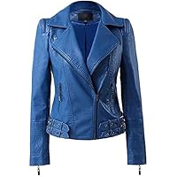 New Women Faux Leather­ Jacket, Girls Casual Style Moto Biker Blue Jacket