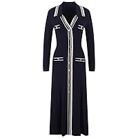 Knitting Stripes Contrast V Neck Long Sleeve A-Line Dress Women Single-Breasted Slim Long Dress