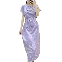 O-Neck Spliced Qipao Women Autumn Short Sleeve Jacquard+ Dress
