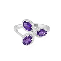 Natural Purple Amethyst Three Gemstone Trio Ring In 925 Sterling Silver, 925 Stamp Jewelry, Gift For Women and Girls