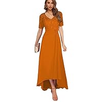 Mother of The Bride Dresses Lace V-Neck Mother of The Groom Dresses Tea Length Wedding Guest Dress Hi-lo Chiffon