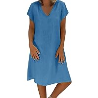 Summer Linen Dresses for Women 2024 Casual T-Shirt Tunic Short Sleeve V Neck Solid Sundresses Spring Loose Baggy Beach Dress
