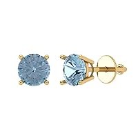 1.0 ct Brilliant Round Cut Solitaire VVS1 Fine Natural Aquamarine Pair of Stud Earrings Solid 18K Yellow Gold Screw Back