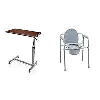 Invacare 6418 Hospital Style Overbed Table with Adjustable Height Tilt Top and Wheels & Drive Medical 11148-1 Folding Steel Bedside Commode Chair, Portable Toilet, Supports Bariatric Individuals