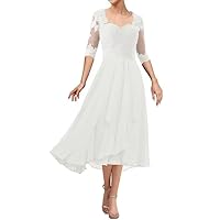 Tea Length Mother of The Bride Dresses Lace Applique 3/4 Sleeve Chiffon Formal Wedding Guest Groom Dresses