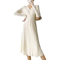 Women's Full Sleeve V-Neck A-Line Dress Fall Winter Folds High Waist Ladies Bottoming Knitted Dress