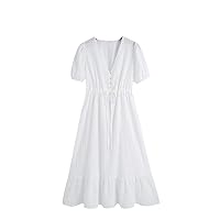 HAN HONG Summer Midi Dress Women Buttons V-Neck Short Sleeve Folds Hem White Vestido Hook Flower Hollow Holiday Dresses