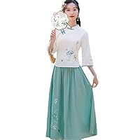 Traditional Chinese Clothing Women Cheongsam Top Hanfu Spring Short Sleeve Floral Embroidered Shirt Tops Suit