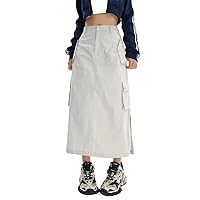 Cargo Midi Skirts Women Retro Streetwear Pocket Waist Side Split Shirring Straight Long Skirt