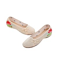 Traditional Women Pumps Cotton Fabric Loafers Ethnic Embroidery Canvas Casual Shoe Vintage Button Lady Wedges Shoe Beige 8.5