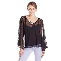 Angie Juniors Swiss Dot Sheer Lace Top with Front Tie Neck