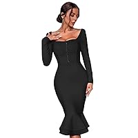 Womens Fall Fashion 2022 Square Neck Button Front Backless Mermaid Hem Bodycon Cocktail Bandage Dress (Color : Black, Size : Medium)
