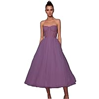 Women's Tea Length Sleeveless Bridesmaid Dress Simple V Neck Party Gowns Dark Purple