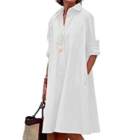 Womens Button Down Linen Shirt Midi Dresses Long Sleeve Elegant Dress with Pockets