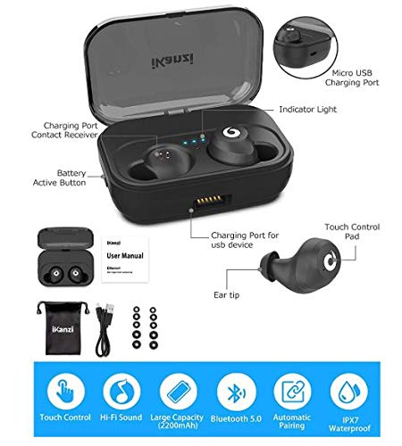 [Updated Version] Wireless Earbuds Bluetooth Headphones IKANZI iPX7 Waterproof 72H Cycle Play Time, 2200mAh Bluetooth 5.0 Auto Pairing Wireless Earphones Bluetooth Headset with Charging (Bright Black)