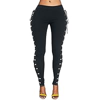 Andongnywell Women's Sexy Black Satin Side Lacing Solid Pants Long Bodycon Bandage Slim Thick Lace Up Leggings Trousers