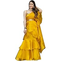 Yellow Plain Organza Ruffle Ready to Wear Sari Fancy Saree Sequin Blouse 4646