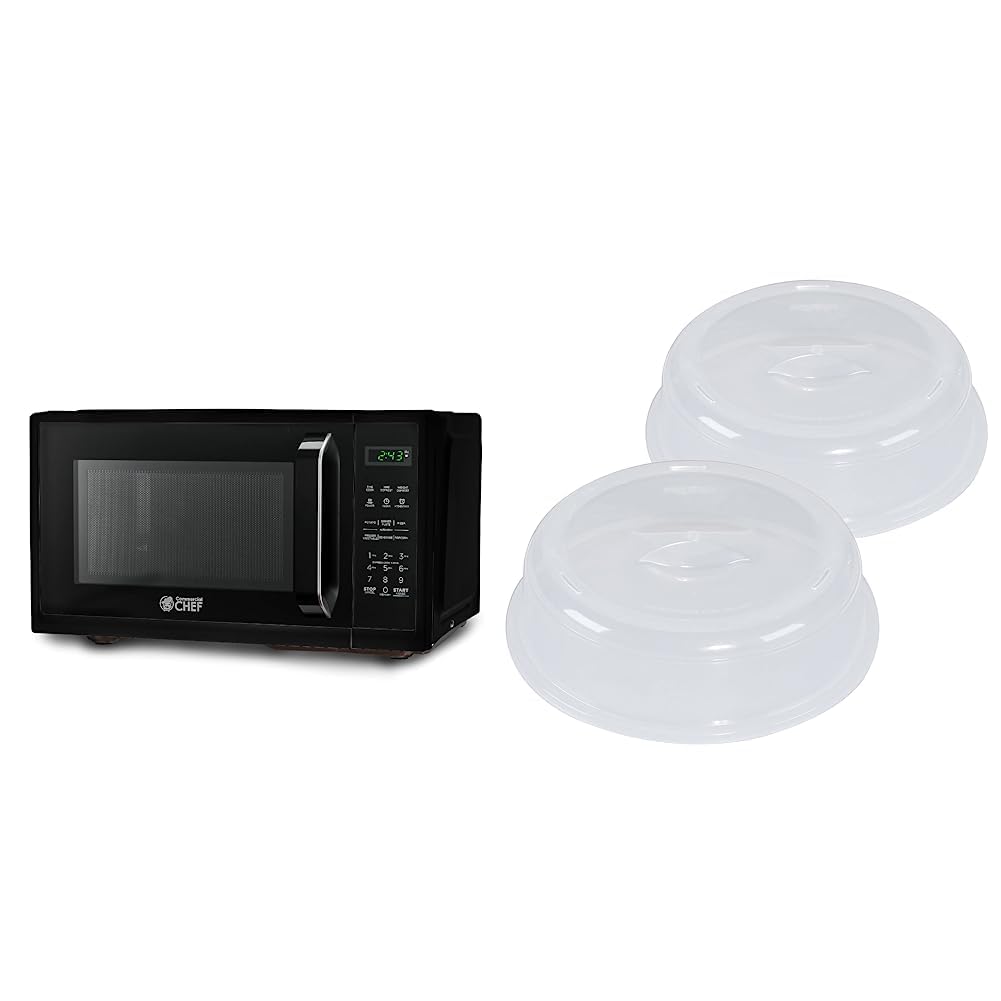 COMMERCIAL CHEF Small Microwave 0.9 Cu. Ft. Countertop Microwave with Touch Controls & Digital Display, Black & Nordic Ware BPA-free and Melamine Free Plastic Splatter Microwave Cover