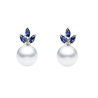 14k White Gold AAAA Quality Japanese Akoya Cultured Pearl Blue Sapphire Earrings for Women - PremiumPearl