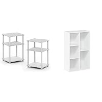 Just 3-Tier Turn-N-Tube End Table / Side Table / Night Stand / Bedside Table with Plastic Poles, 2-Pack, White/White and Furinno Luder Bookcase / Book / Storage, 5-Cube, White