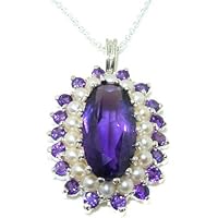 Ladies Solid 925 Sterling Silver Natural Large Amethyst & Cultured Pearl Cluster Pendant Necklace