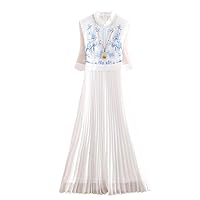 Summer Women Cheongsam Dress Retro Elegant Embroidery Blue and White Porcelain A-line Lady Pleated