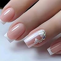 Pink Press on Nails Medium, Bling White Fake Nails Square Acrylic False Nails,French Artificial Nails for Women and Girls,24 pcs