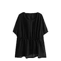 Women's Solid Square Collar Short Sleeve Cotton Pullover Shirts Large Size Thin Loose Blouse