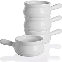 Sweejar Porcelain Soup Bowls with Handle, 22 OZ Ceramic Serving Crocks for French Onion Soup, Pumpkin Soup, Oatmeal, Stew, Dishwasher and Microwave Safe, Set of 4 （White）