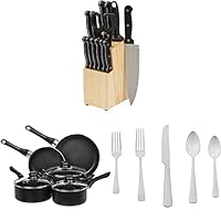 Amazon Basics 14-Piece Kitchen Knife Set with High-Carbon Stainless-Steel Blades& Non-Stick Cookware Set- 8-Piece Set & 20-Piece Stainless Steel Flatware Set with Square Edge, Service for 4