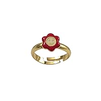 Gold Finish Red and White Enamel Small Smiley Face Flower Ring, 3-4