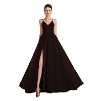 Women's Sleeveless V Neck Evening Dresses A-line Tulle Backless Ball Gown Black Coffee