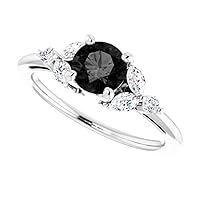 1.00 CT Trillium Black Diamond Engagement Ring 14k White Gold, Round & Marquise Black Diamond Ring, Elvish Black Onyx Ring, Woodland Black Diamond Ring, Gorgeous Ring For Her