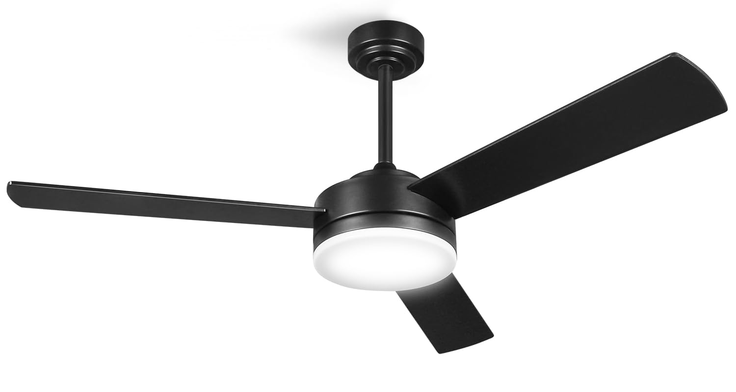 nkorka Black Ceiling Fans with Lights and Remote, Modern Ceiling Fan, Indoor Outdoor Ceiling Fans with Lights, 20W 3-Color LED Light, Noiseless Reversible DC Motor (52)
