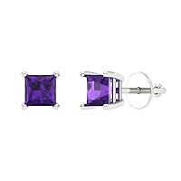 0.5 ct Princess Cut Solitaire Fine Natural Purple Amethyst Pair of Stud Everyday Earrings Solid 18K White Gold Screw Back
