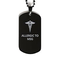 Medical Black Dog Tag, Allergic to MSG Awareness, Medical Symbol, SOS Emergency Health Life Alert ID Engraved Stainless Steel Chain Necklace For Men Women Kids