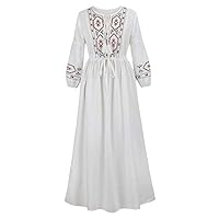 Solid Color Lace Accessory Dress:Loose,Round Neck,Embroidered Sleeve,Cotton Linen