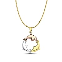 14K Tri Color Gold Dolphin Pendant 24mmX24mm with 16 Inch To 24 Inch 1.0MM Width 14K Yellow Gold D.C. Round Wheat Necklace